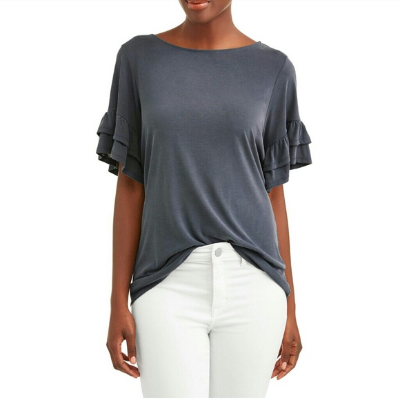 Time and Tru Tops - Time And Tru Gray Ruffle Sleeve Top
